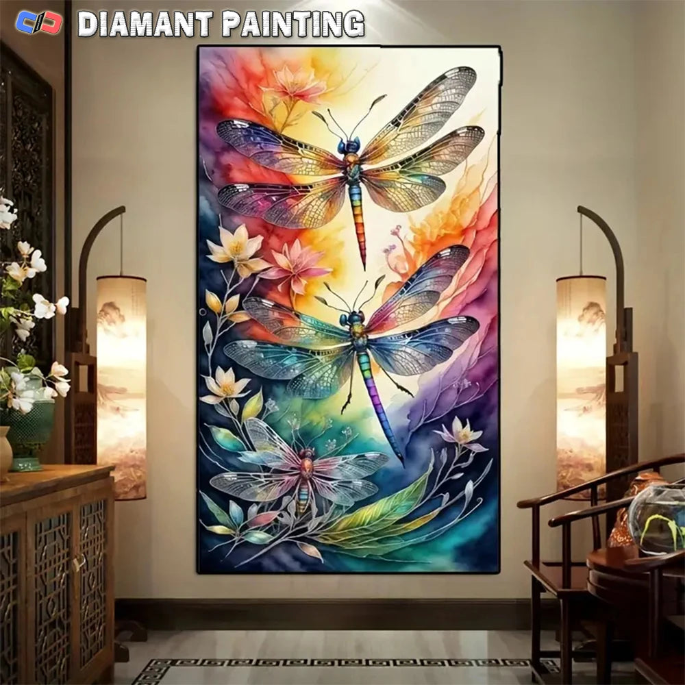 Dragonflies Flying and Flowers Full DIY Diamond Painting Square / Round Drills