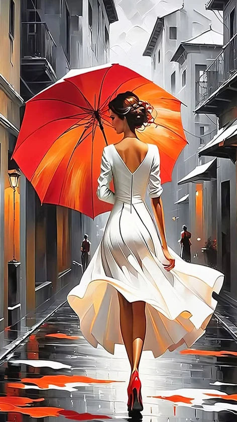 Romantic Rainy Night DIY Diamond Painting Art Elegant Woman Umbrella Street Scene