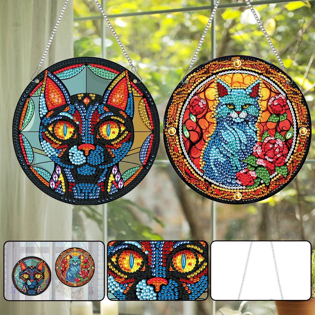 2pcs Animal Cat Theme 2D/Flat DIY Diamond Painting Collection Window Pendants Single-Sided Drill Diamond Art Pendant