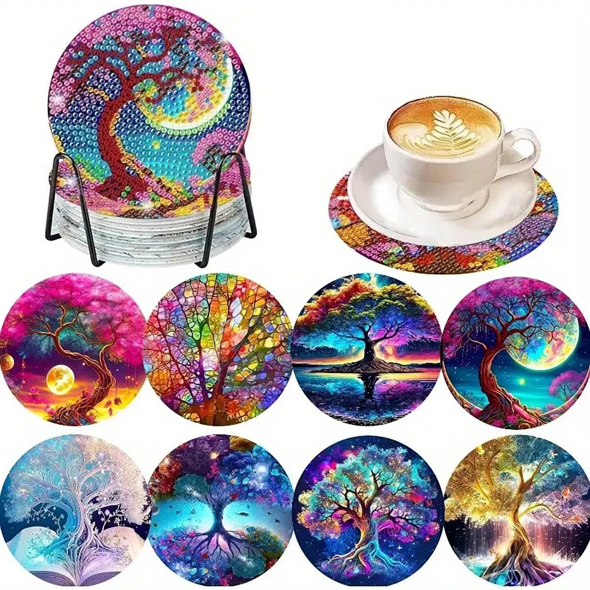 DIY 8 pcs / Set Of Coffee Patterned Diamond Painted Coaster Set, Sparkling Rhinestone Heat-Resistant Beverage Mat With Holder DIY
