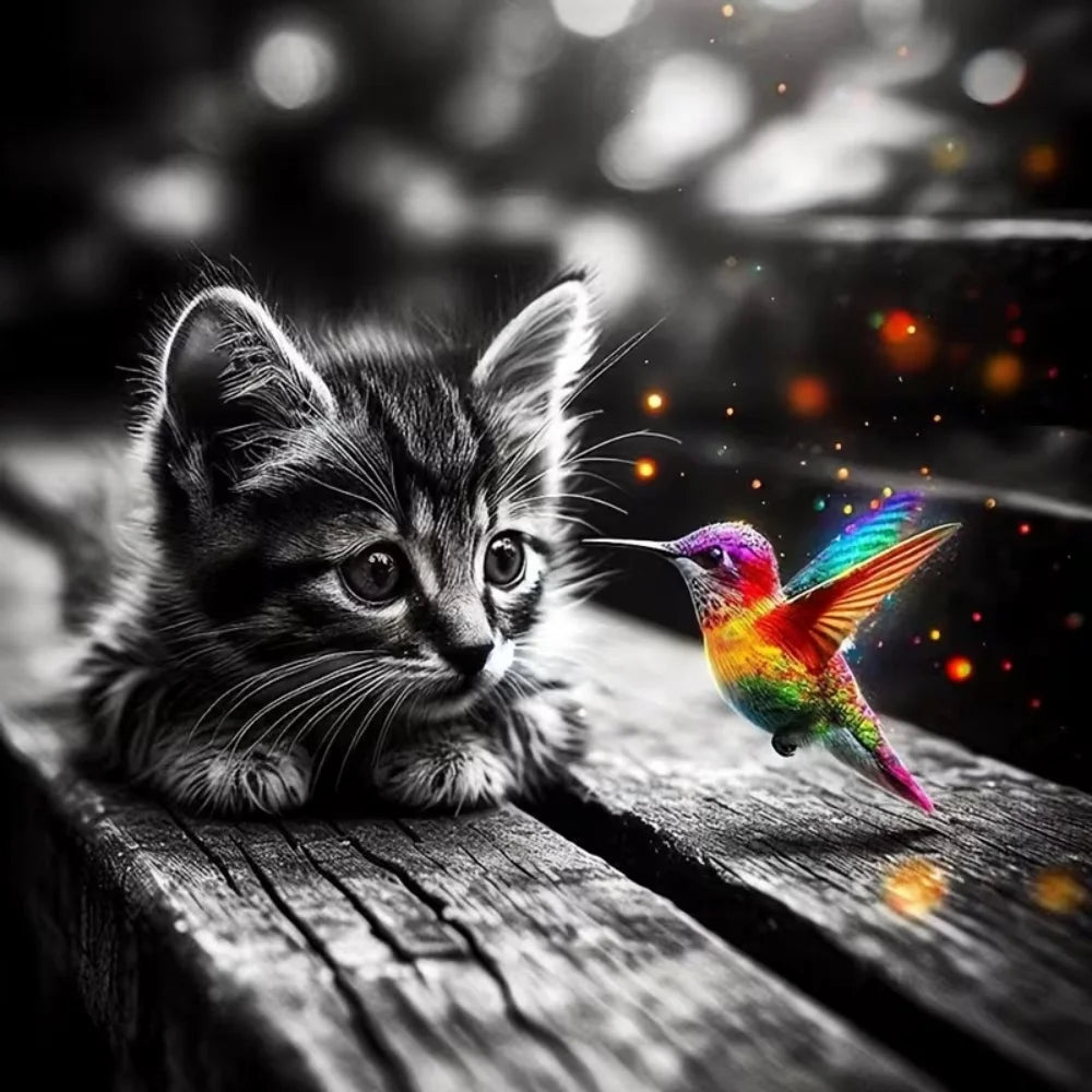 Cat and Hummingbird Diamond Mosaic DIY Painting Full Square or Round Diamond