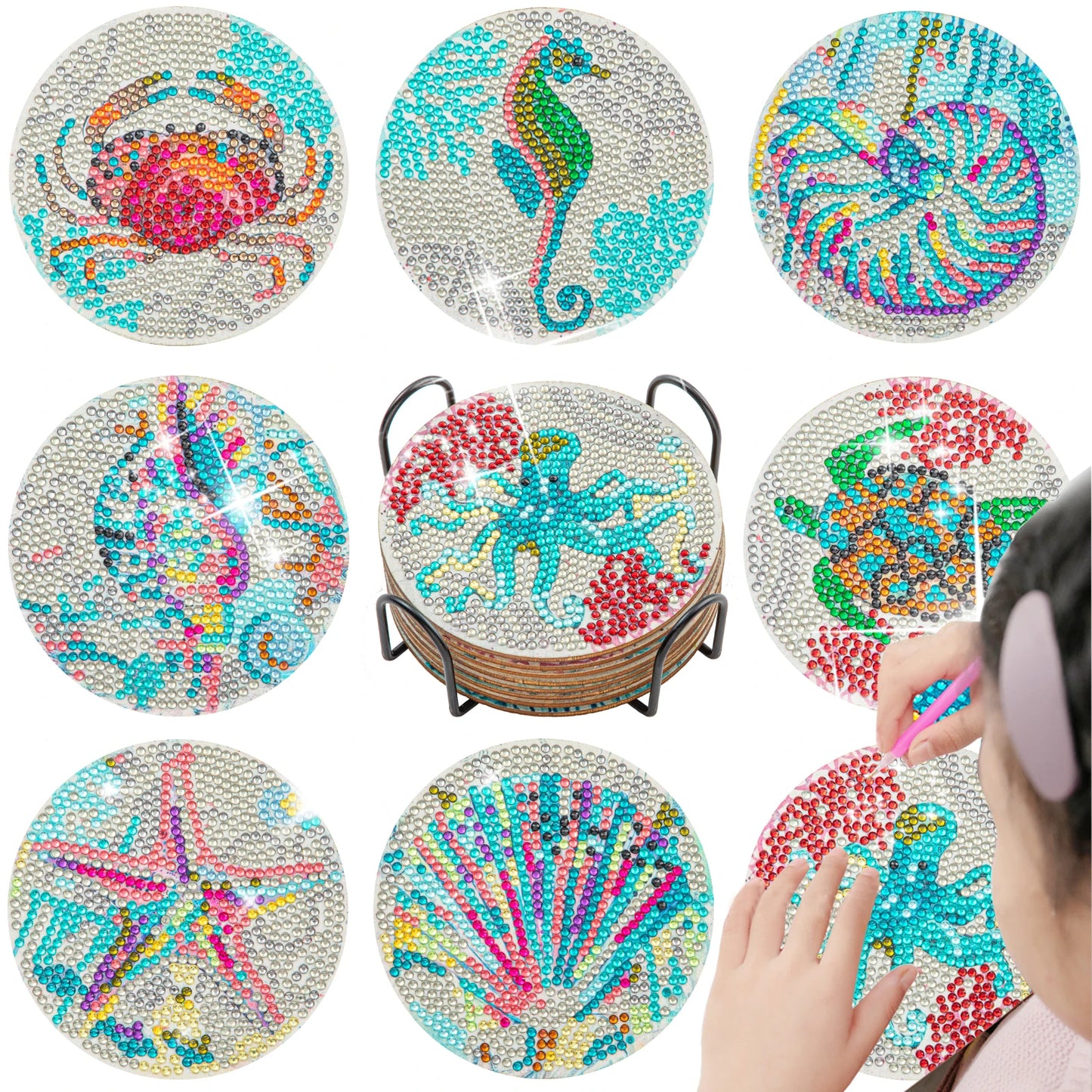 GLOBAL 8pcs/Set DIY Diamond Painting Coasters Animal Cup Cushion For Drinks Crystal Rhinestones Diamond Art Coasters