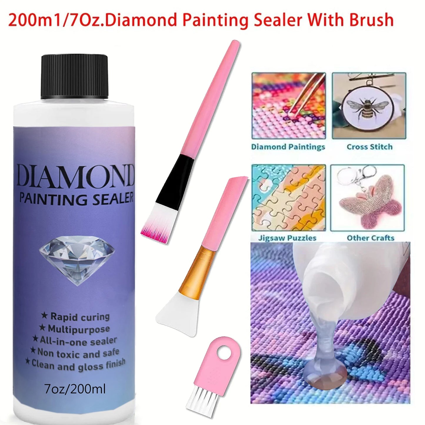 60ML/ 120ML/ 200ML Diamond Painting Sealer With 3 Pcs Brushes Diamond Painting Glue Permanent Hold & Shine