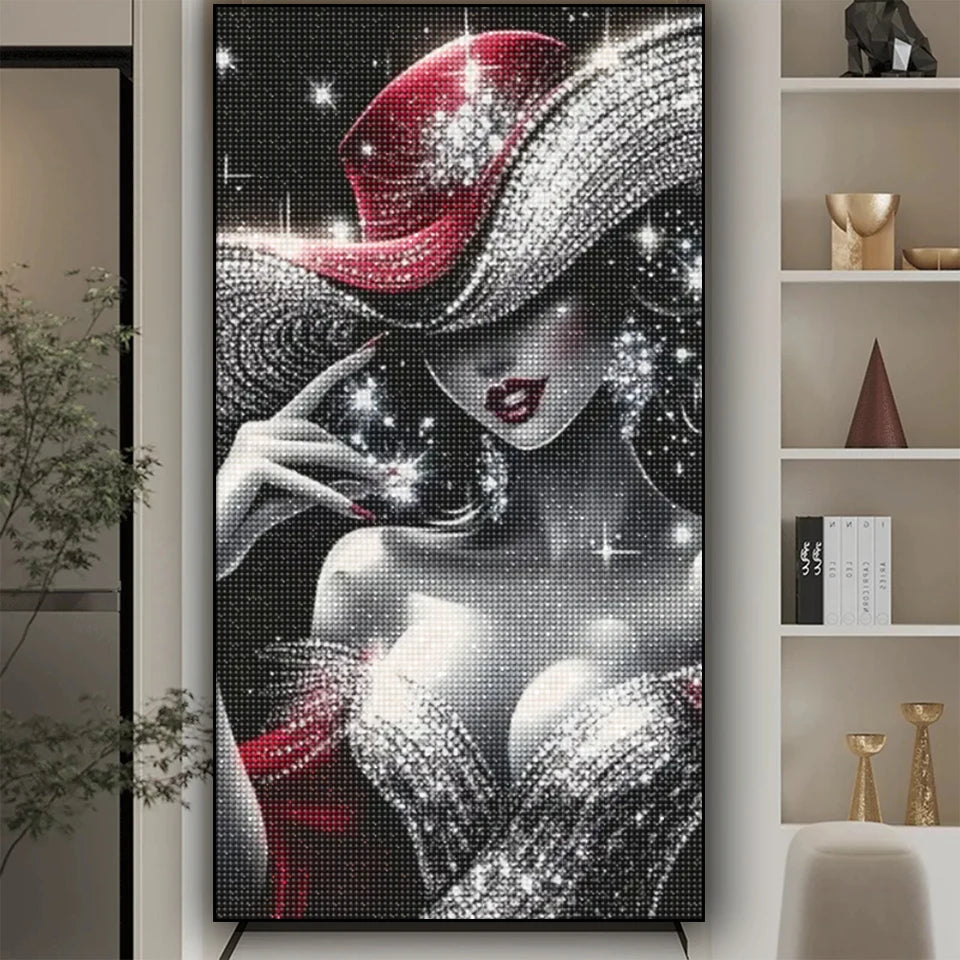 Elegant Hat Woman DIY Diamond Mosaic Art Full Square Round Rhinestone Painting Home Decor Large Size, Pretty Lady Design