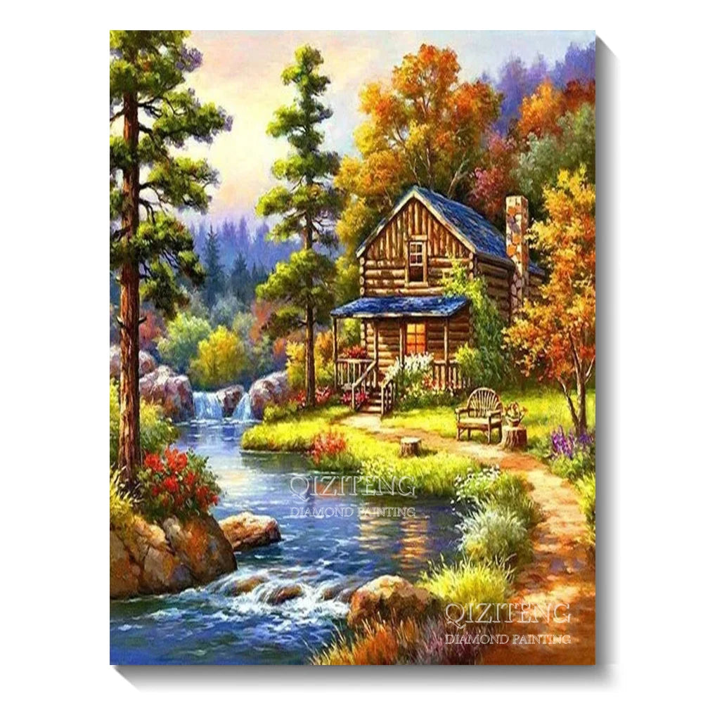 DIY 5D Diamond Painting Landscape Forest, Waterfalls, Scenic, Round Drill