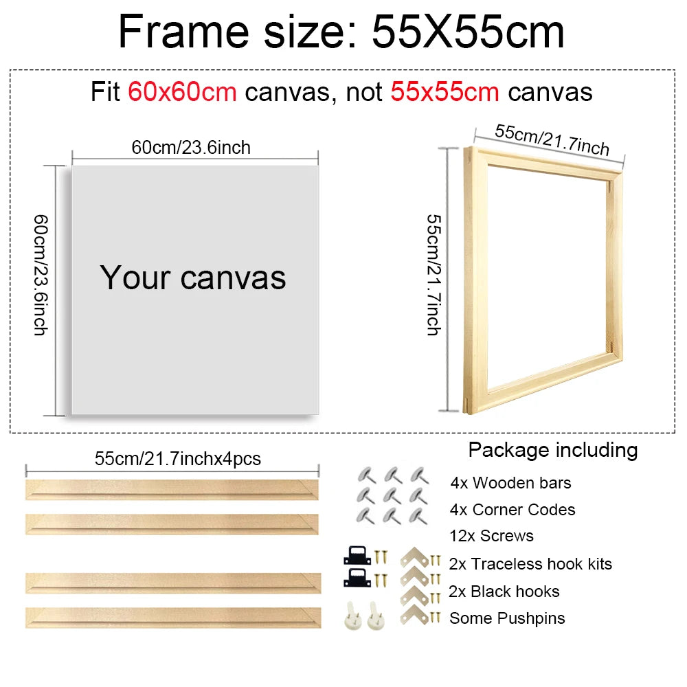 25 Sizes Solid Nature Pine Wood Frame For Canvas Prints, Easy To Assemble Diamond Painting Customized Wall Art Home Decor