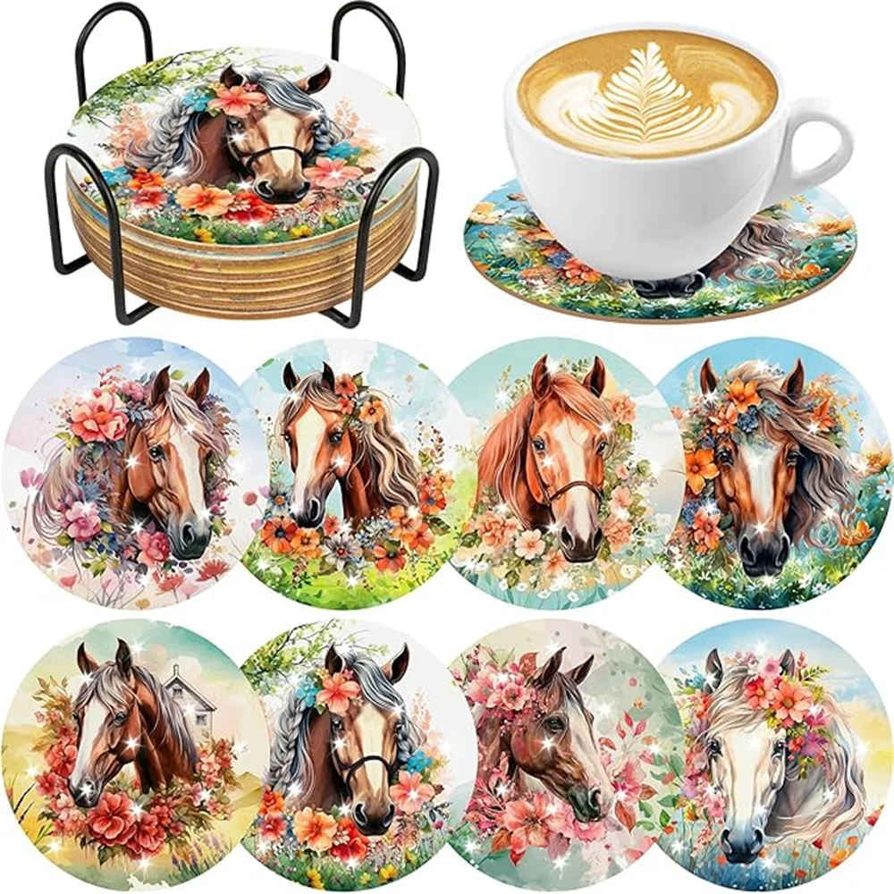8-Piece Round Diamond Painting Coaster Set - DIY Van Gogh Star Moonlit Creative Coaster With Bracket, Sparkling Diamond Art