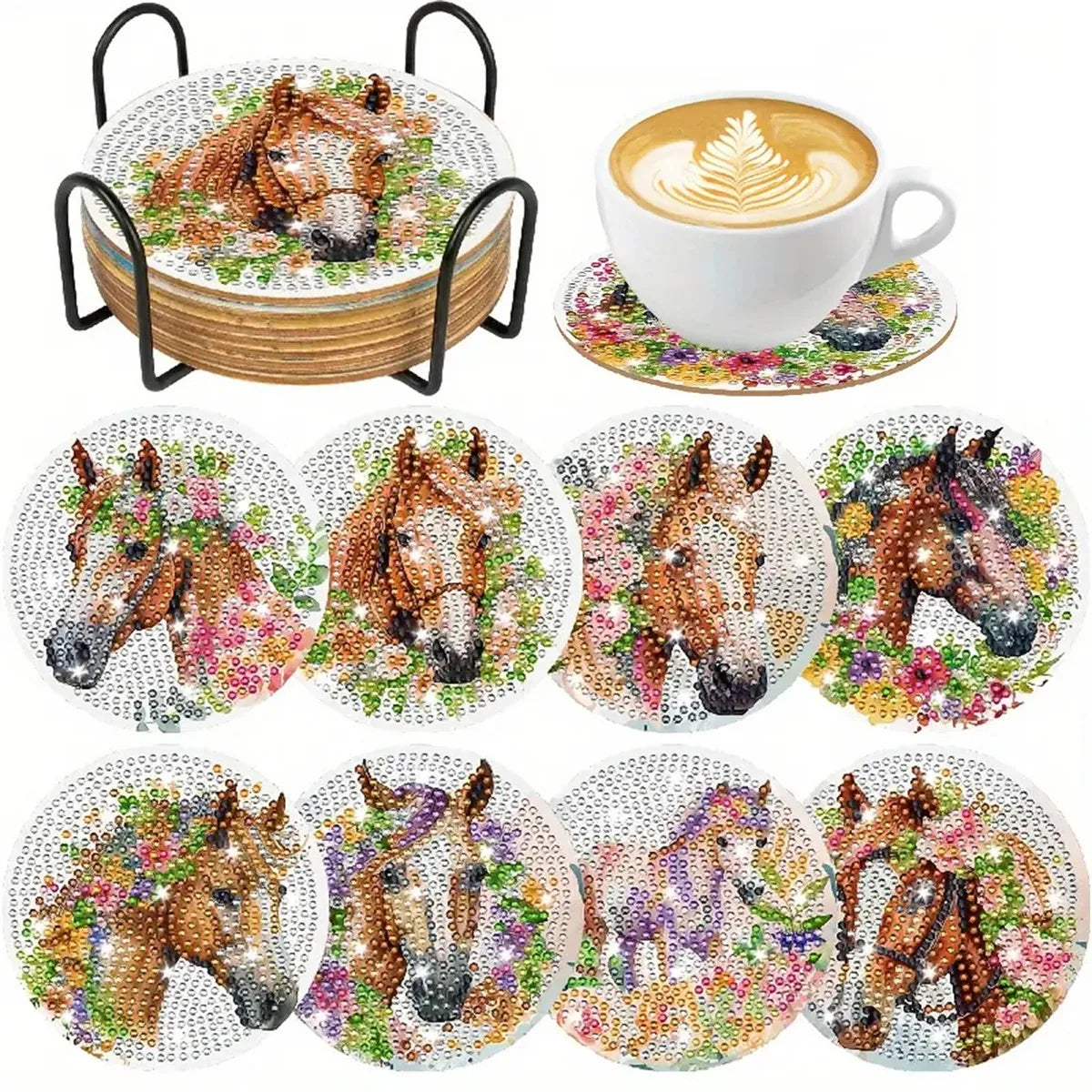 DIY 8 pcs / Set Of Coffee Patterned Diamond Painted Coaster Set, Sparkling Rhinestone Heat-Resistant Beverage Mat With Holder DIY