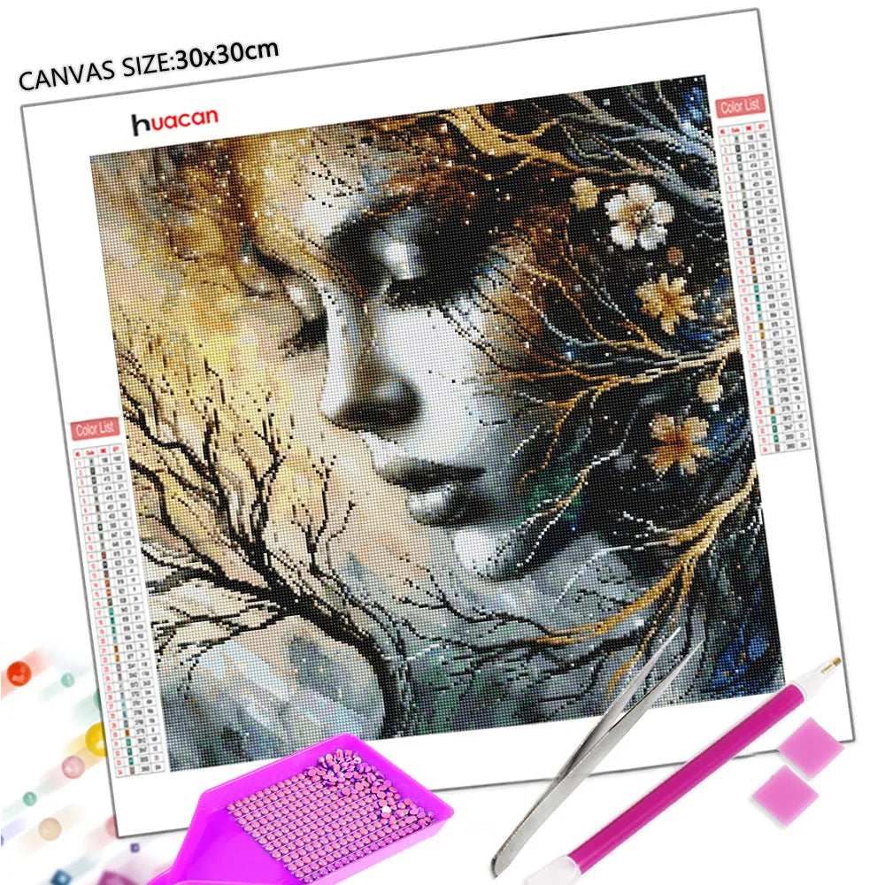 Huacan Full Square / Round Diamond Painting Woman / Flower, DIY Diamond Painting Portrait