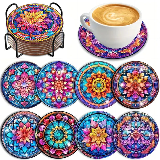 8-PCS Set With Bracket DIY Diamond Painting Set, Creative Floral Themed Coaster Set, Sparkling Diamond Art Wooden Mosaic Craft Set