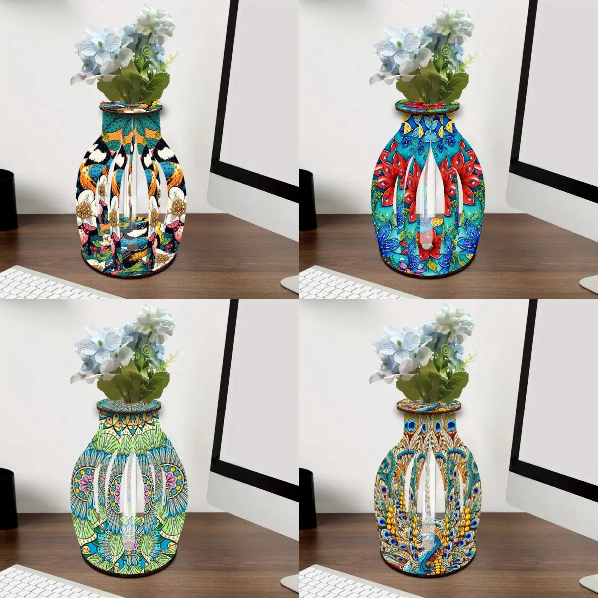 A Diamond Painting Set, A Handcrafted DIY Wooden Vase With Diamond-Encruted Floral Themes, Suitable For Home Decoration