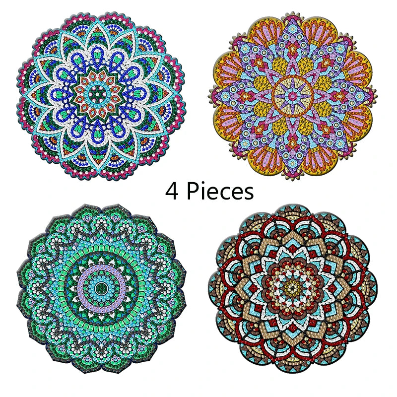4-Piece Colorful Pattern Wooden Diamond Painted Placemat Set, DIY Crystal Diamond Art Insulated Table Mat