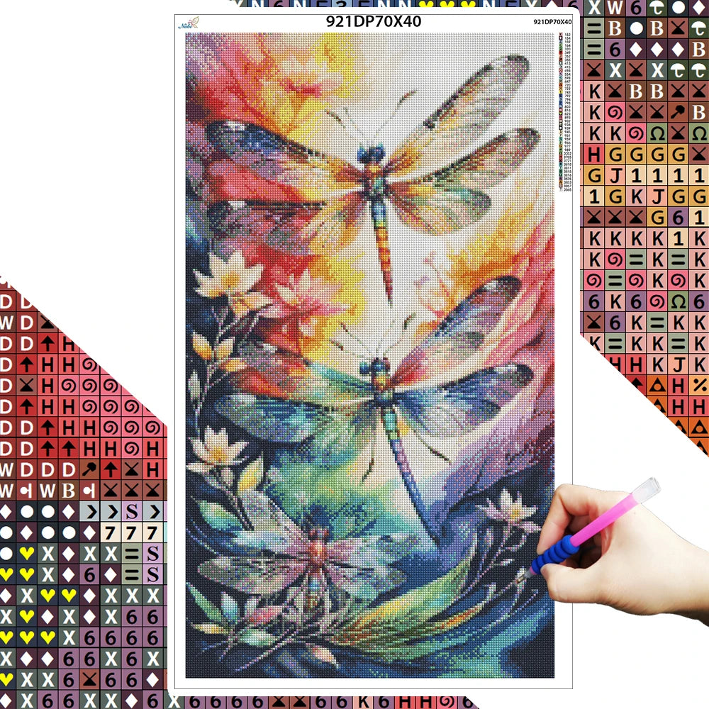 Dragonflies Flying and Flowers Full DIY Diamond Painting Square / Round Drills