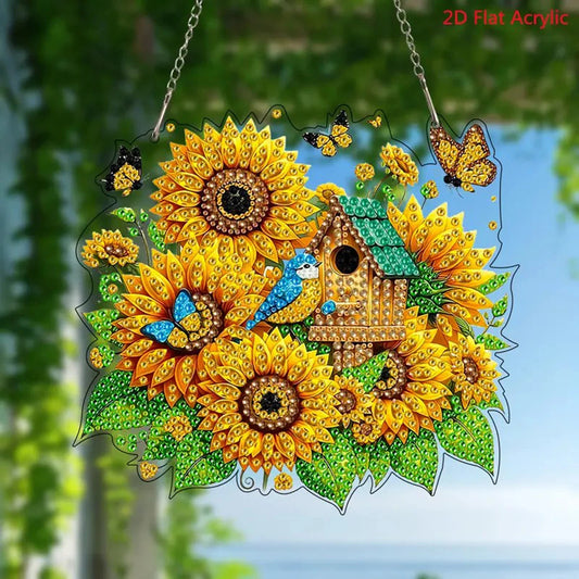 2D Flat, Vibrant Sunflower, Butterfly And Birdhouse Diamond Art Set - Unique Shaped Acrylic Gemstone Decoration