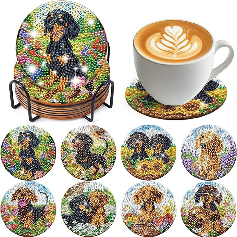 8-Piece / Set Diamond Art Painting Cup Mat With Stand, DIY Coffee Cat Pattern Diamond Art Cup Coasters
