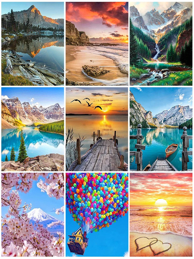5D DIY Diamond Painting Waterfall Beach Full Circle Diamond Mosaic Sunset Scenery Diamond Embroidery Home Decor Gift