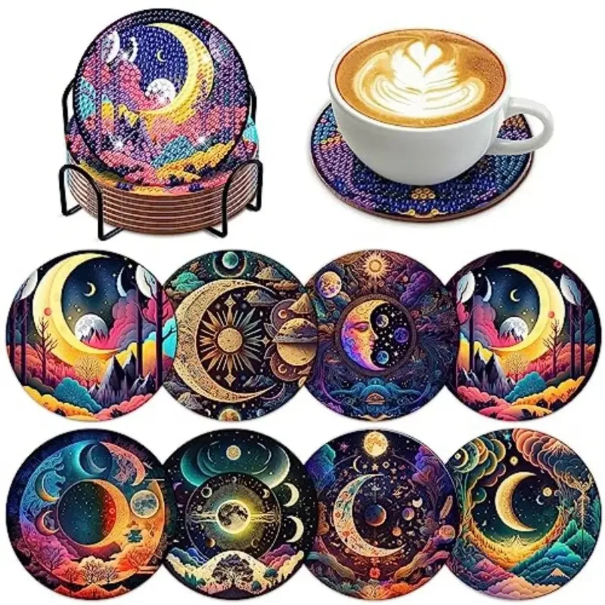 DIY 8 pcs / Set Of Coffee Patterned Diamond Painted Coaster Set, Sparkling Rhinestone Heat-Resistant Beverage Mat With Holder DIY