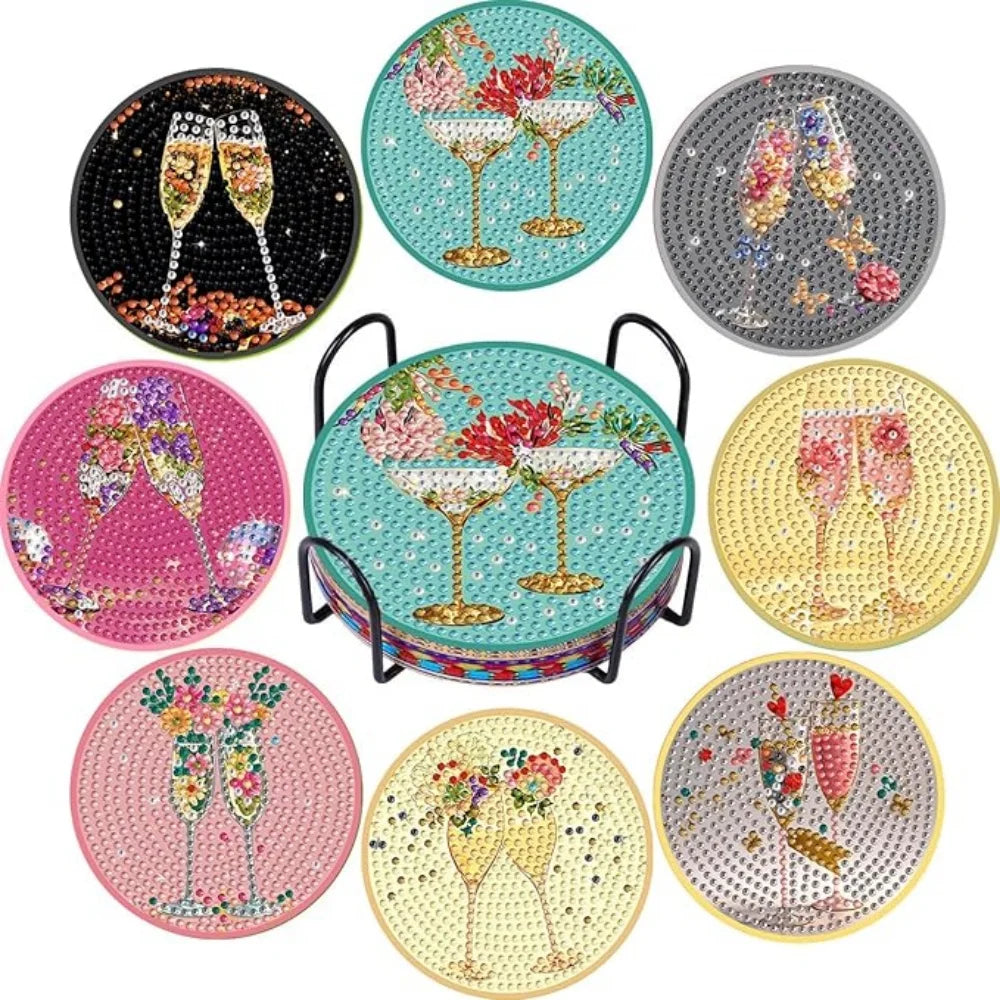 8-Piece Round Diamond Painting Coaster Set - DIY Van Gogh Star Moonlit Creative Coaster With Bracket, Sparkling Diamond Art