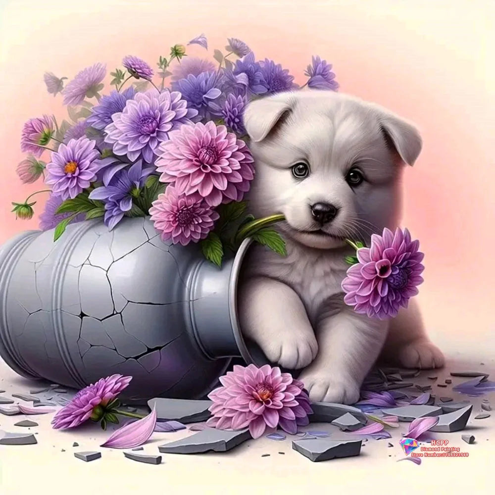 Diamond Painting Kit Square / Round Diamond 5D DIY Collage Of Cute Puppies With Flowers & Decorative Elements
