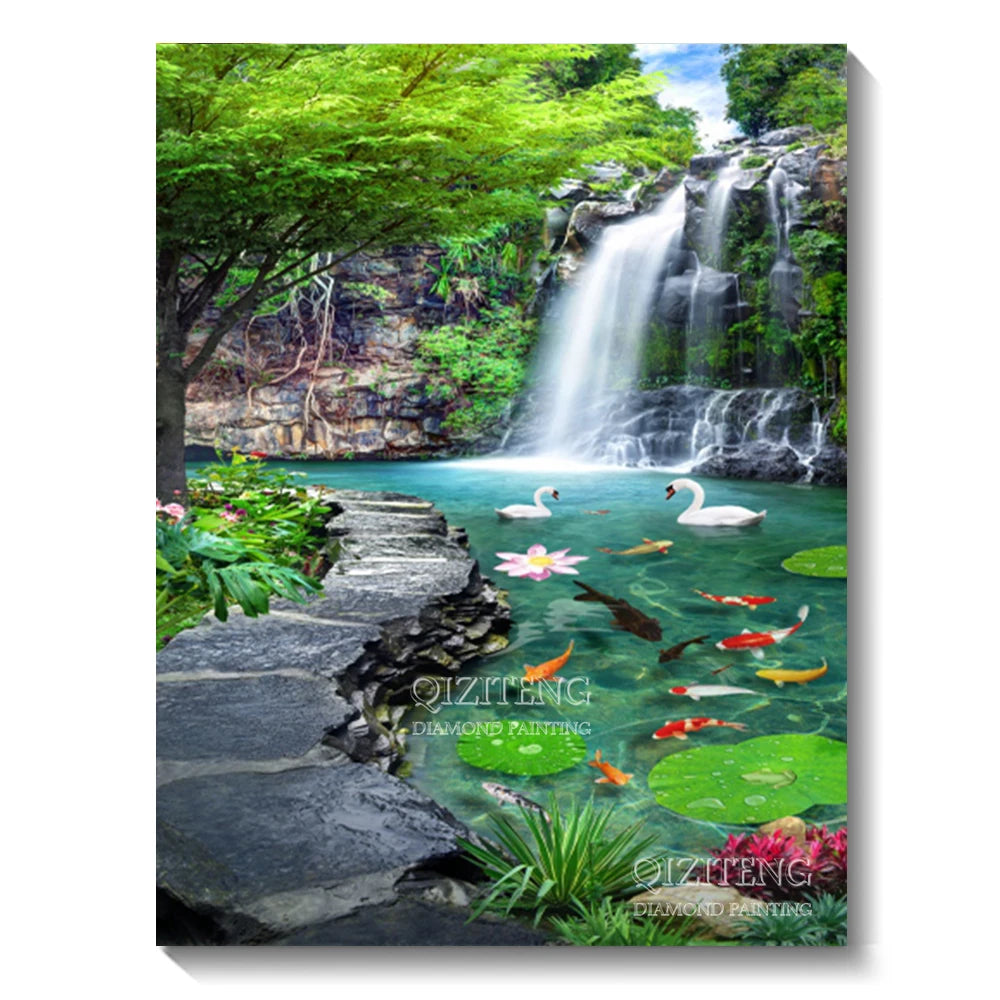 DIY 5D Diamond Painting Landscape Forest, Waterfalls, Scenic, Round Drill