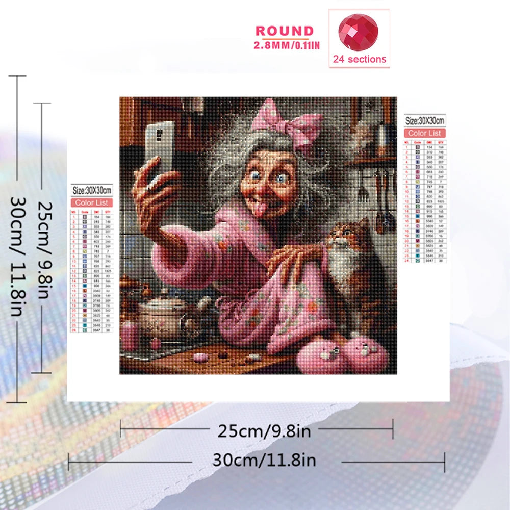 Momoart Old Woman and Cat Portrait, DIY Painting Cartoon Full Square / Round Drill