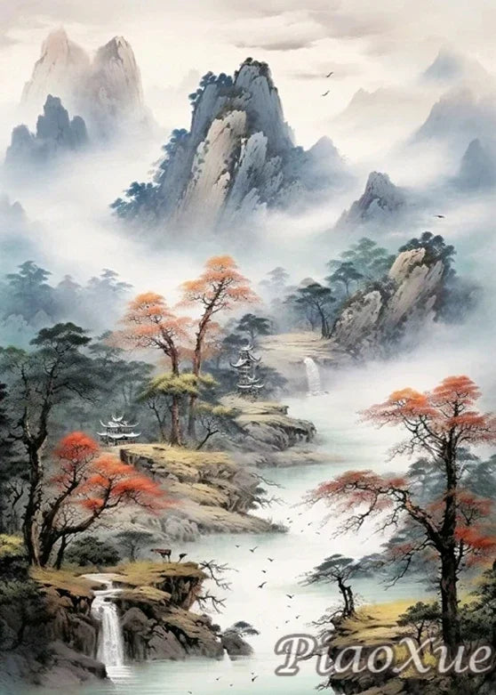Chinese Style Landscape Picture Diamond Painting New Mountain Waterfall Scenery, Diamond Painting Mosaic DIY Cross Home Decor