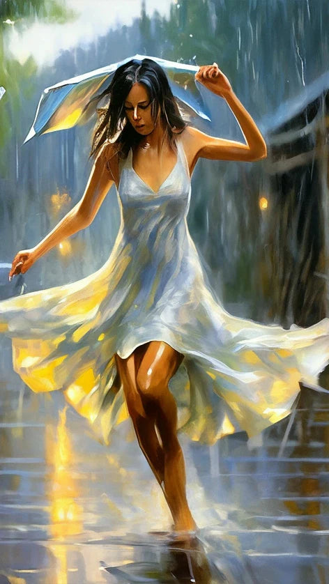 Romantic Rainy Night DIY Diamond Painting Art Elegant Woman Umbrella Street Scene
