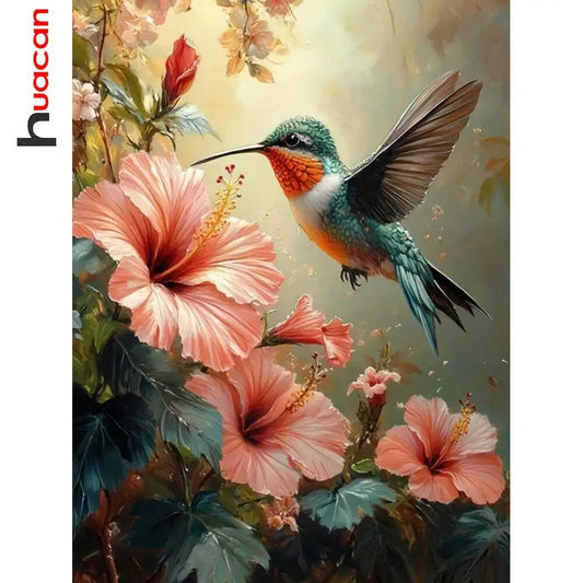 Huacan DIY Diamond Painting Art Hummingbird Pink Flowers Full Round / Square Drill