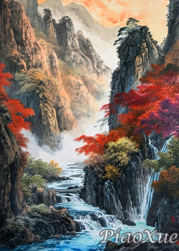 Chinese Style Landscape Picture Diamond Painting New Mountain Waterfall Scenery, Diamond Painting Mosaic DIY Cross Home Decor