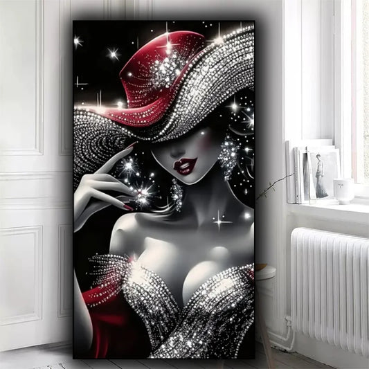 Elegant Hat Woman DIY Diamond Mosaic Art Full Square Round Rhinestone Painting Home Decor Large Size, Pretty Lady Design