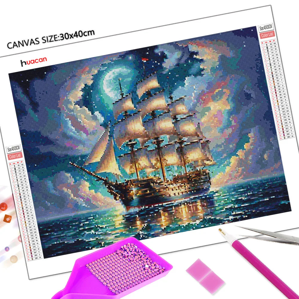 Huacan Full Square / Round Diamond Painting Moon, Ship Landscape
