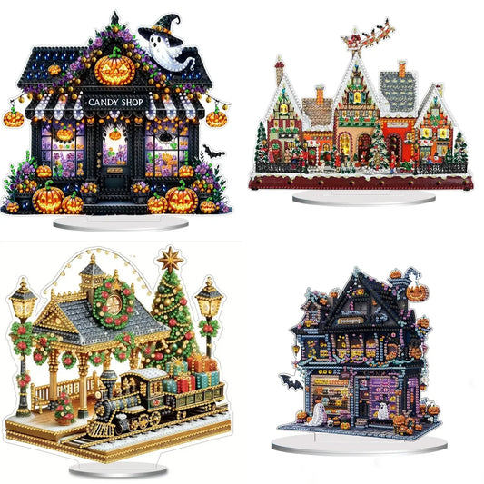 A Single-Sided Acrylic Crystal Rhinestone Desktop Decorative Item, DIY House Scene Pattern Diamond Painting Kit