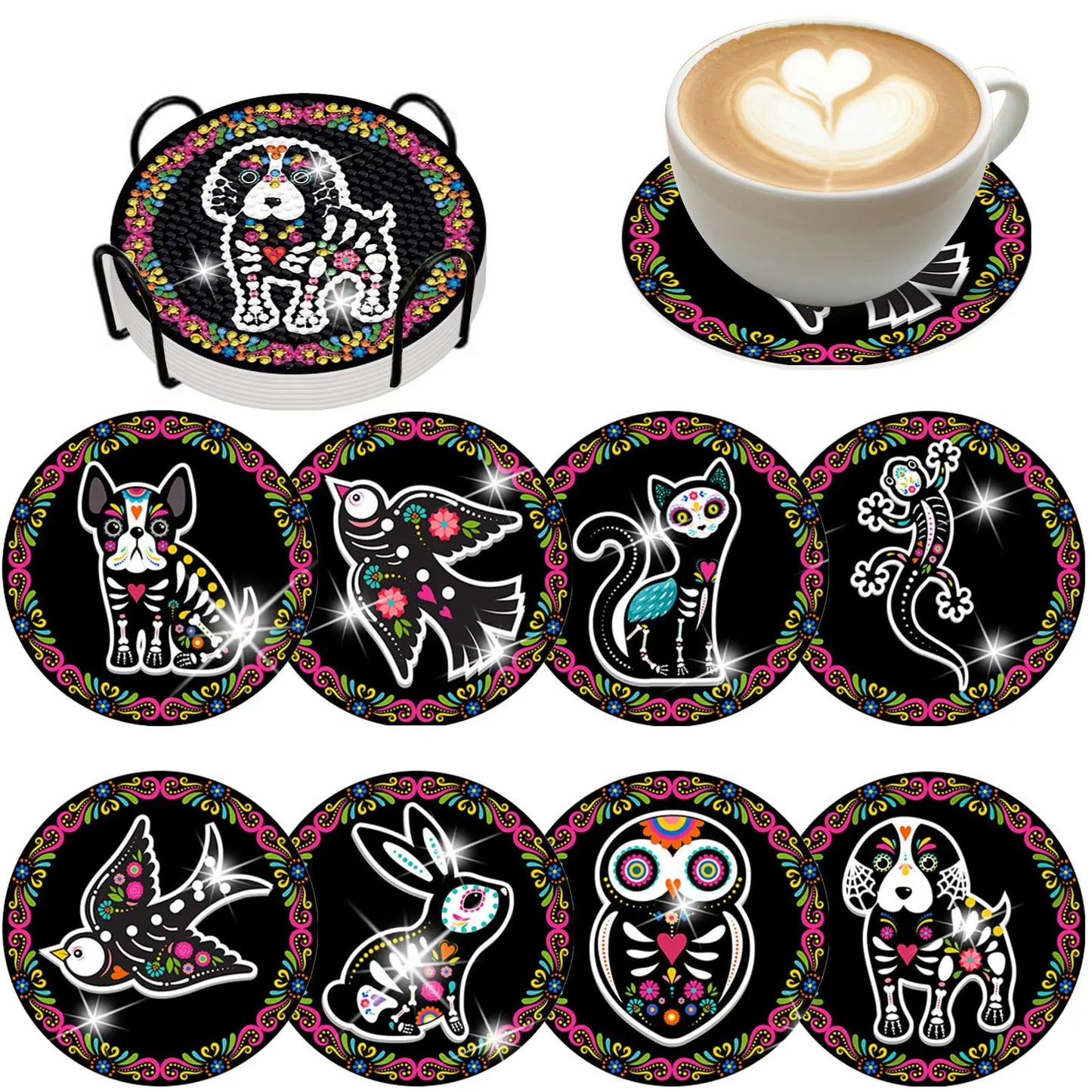 GLOBAL 8pcs/Set DIY Diamond Painting Coasters Animal Cup Cushion For Drinks Crystal Rhinestones Diamond Art Coasters
