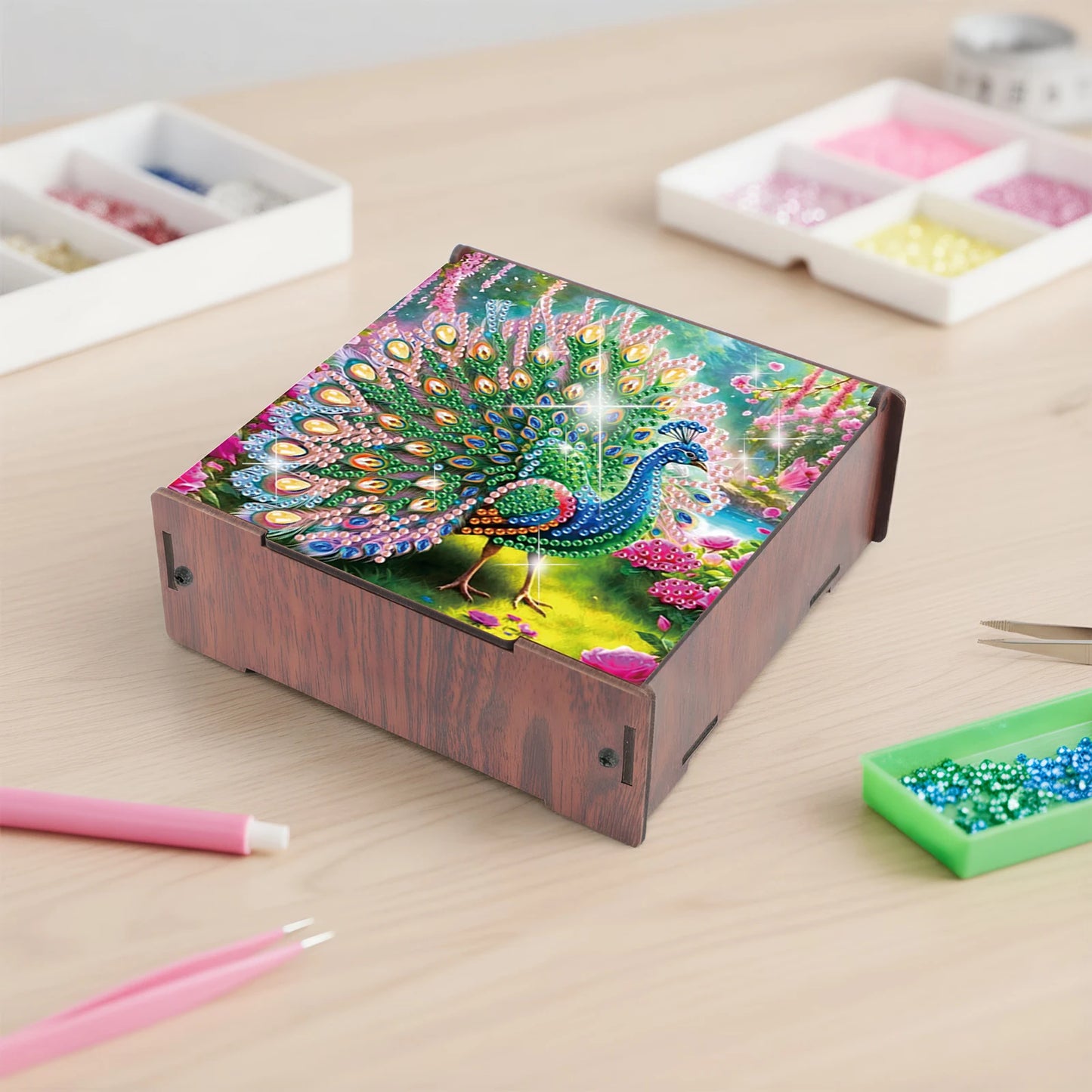 5D DIY Animal Girl Theme 4 Slots Diamond Painting Kit, Wooden Storage Box Diamond Art Jewelry Case, Storage Organizer