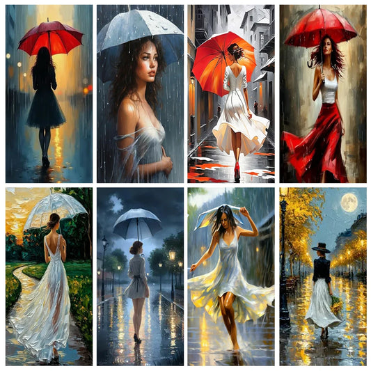 Romantic Rainy Night DIY Diamond Painting Art Elegant Woman Umbrella Street Scene