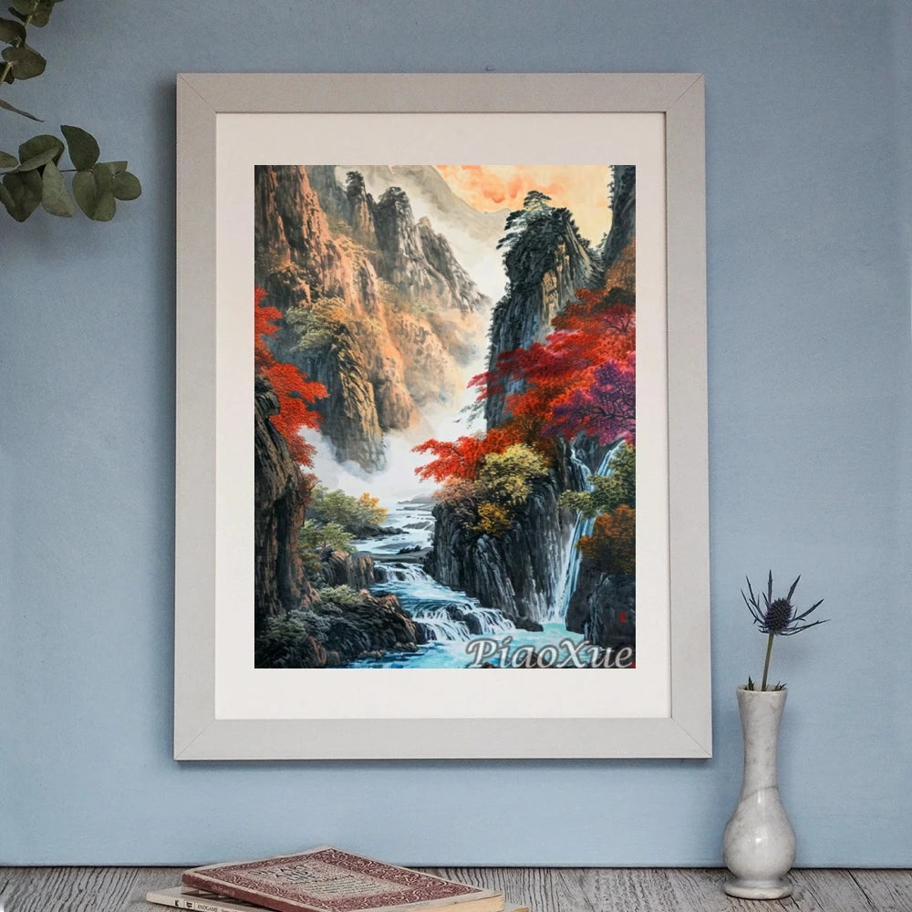 Chinese Style Landscape Picture Diamond Painting New Mountain Waterfall Scenery, Diamond Painting Mosaic DIY Cross Home Decor