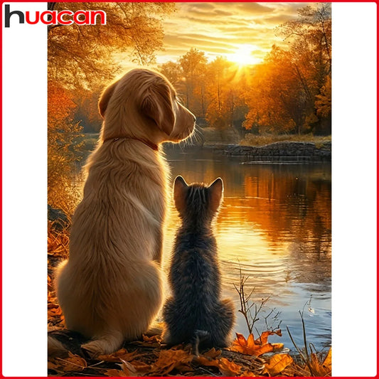 Huacan Full Square / Round 5D DIY Diamond Painting Dog & Cat Landscape