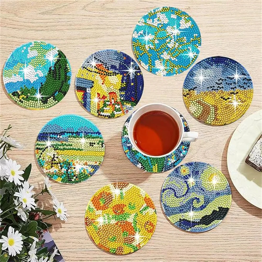 8-Piece Round Diamond Painting Coaster Set - DIY Van Gogh Star Moonlit Creative Coaster With Bracket, Sparkling Diamond Art