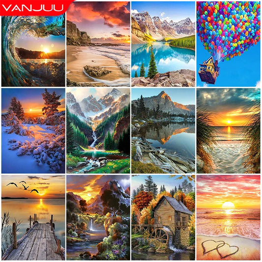 5D DIY Diamond Painting Waterfall Beach Full Circle Diamond Mosaic Sunset Scenery Diamond Embroidery Home Decor Gift