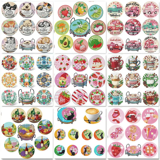 8-Piece / Set Diamond Art Painting Cup Mat With Stand, DIY Coffee Cat Pattern Diamond Art Cup Coasters