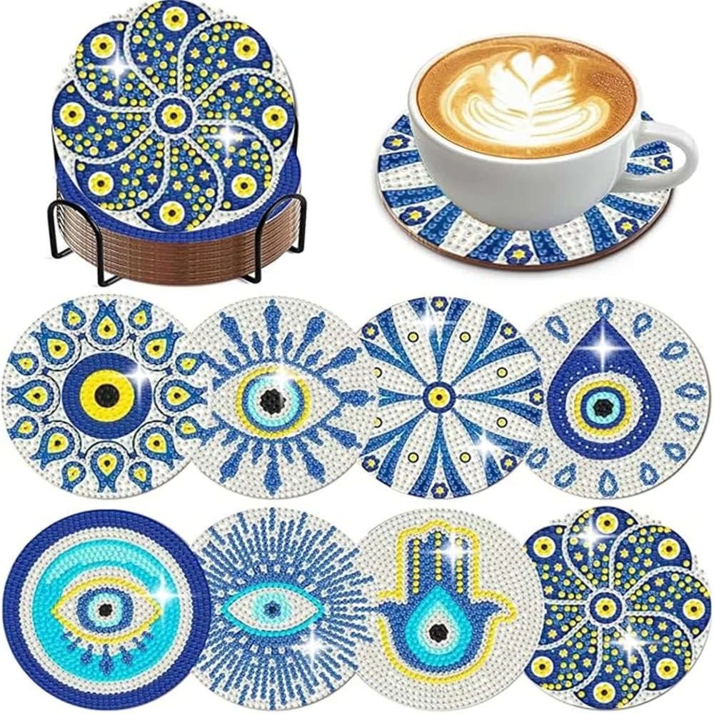 8 Pieces Of Diamond Art Painting Coasters With Brackets, DIY Partial Special Shapes