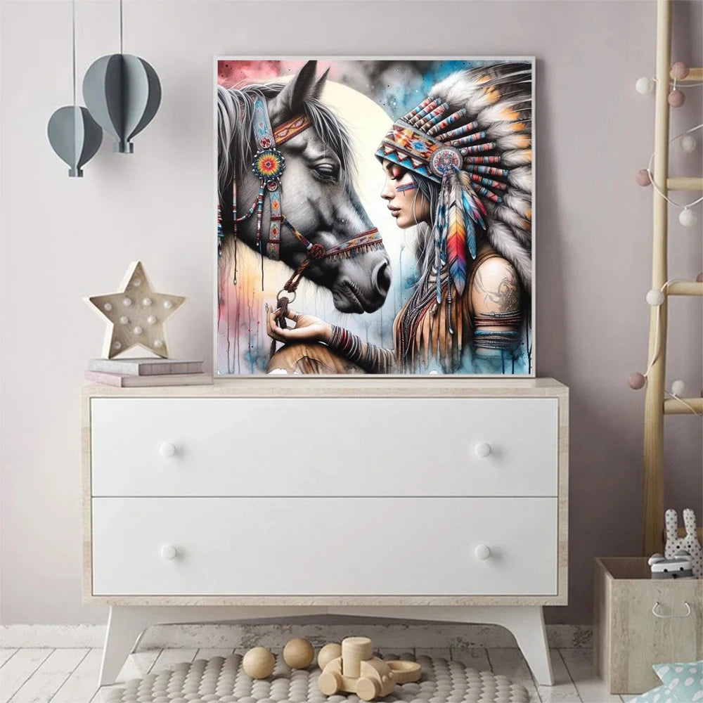 Diamond Woman And Horse Portrait, Square / Round For Adults / Beginners Diamond Mosaic