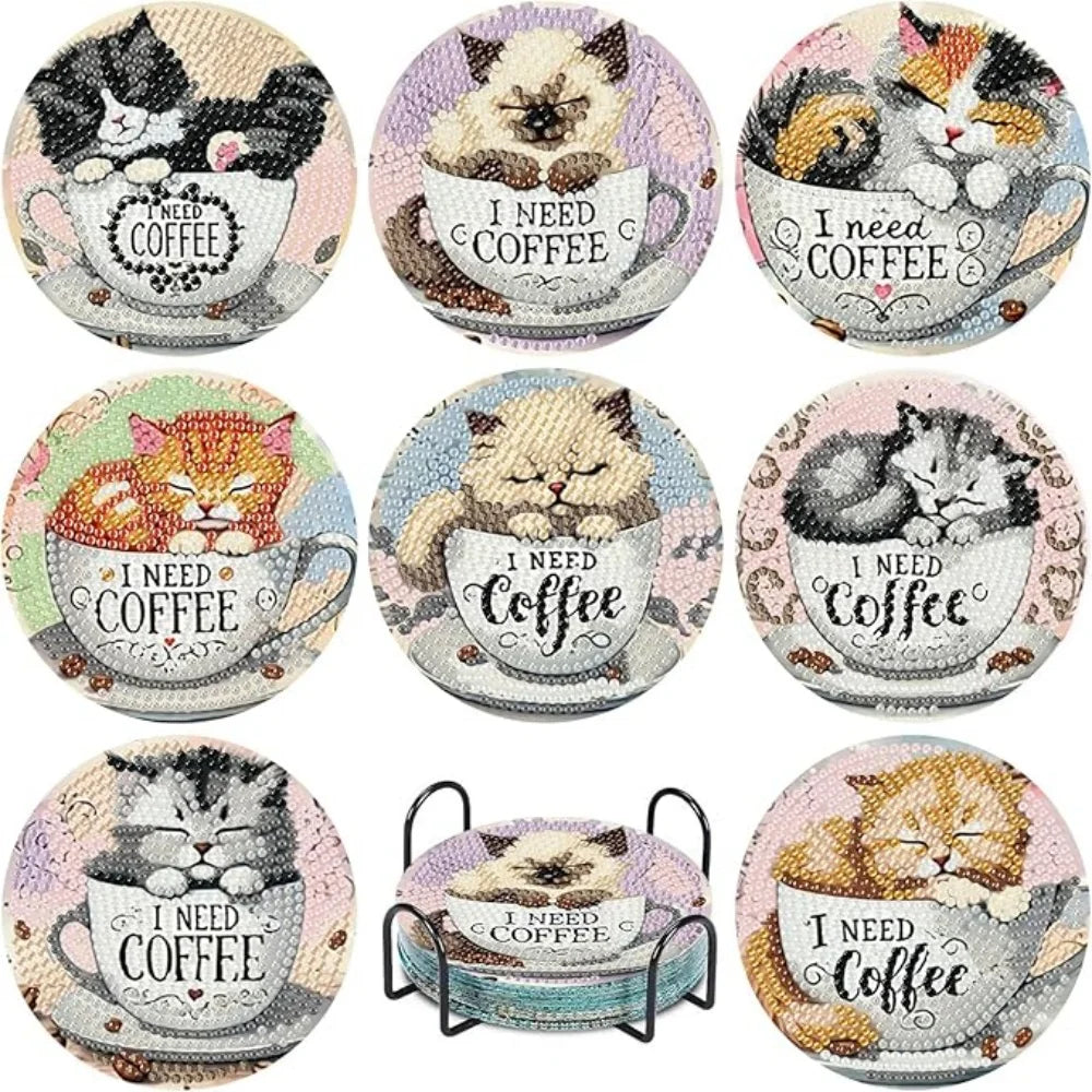 8-Piece / Set Diamond Art Painting Cup Mat With Stand, DIY Coffee Cat Pattern Diamond Art Cup Coasters