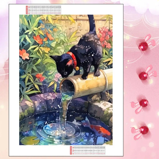 HUACAN 5D DIY Diamond Mosaic Bamboo Water Cat Full Square / Round Drill
