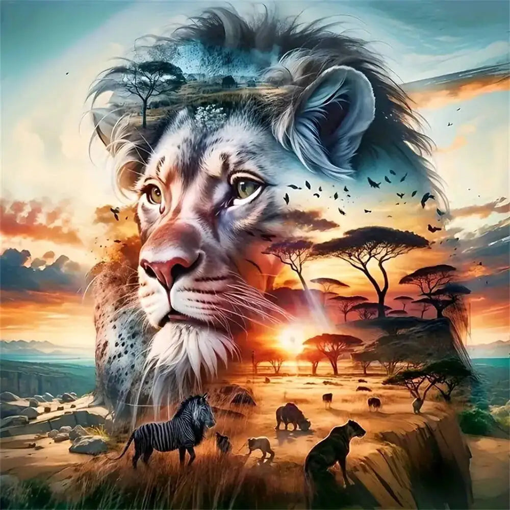 Momoart Diamond Mosaic Lion In Sunset Painting, DIY Full Square / Round Drills