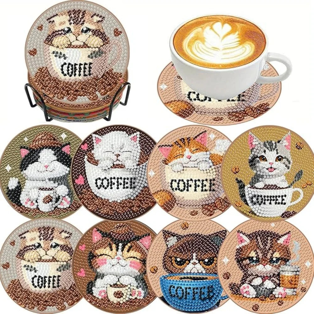 8-Piece Round Diamond Painting Coaster Set - DIY Van Gogh Star Moonlit Creative Coaster With Bracket, Sparkling Diamond Art