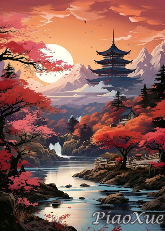 Chinese Style Landscape Picture Diamond Painting New Mountain Waterfall Scenery, Diamond Painting Mosaic DIY Cross Home Decor