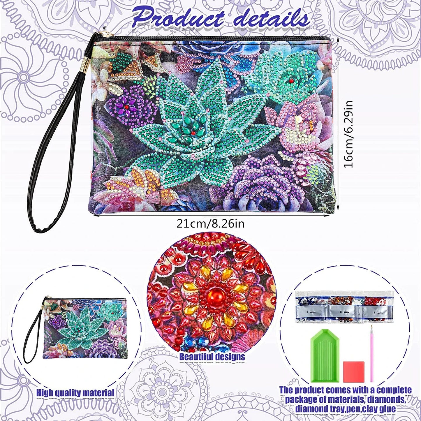 1pc DIY Purses Diamond Painting Mandala Kits for Adults One Sided Drill PU Leather Handbags Cactus Diamond Art Purses for Women