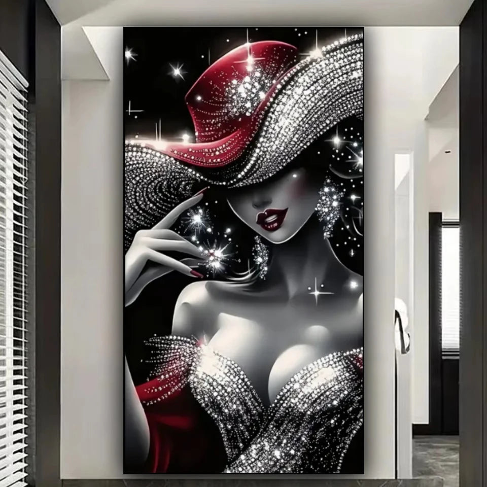 Elegant Hat Woman DIY Diamond Mosaic Art Full Square Round Rhinestone Painting Home Decor Large Size, Pretty Lady Design