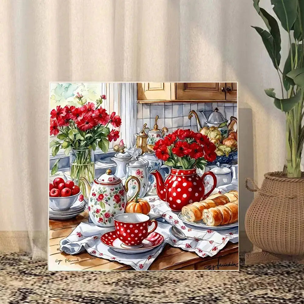 Huacan Kitchen Landscape Teapot With Flowers, DIY Diamond Painting 5D Full Square / Round Drill